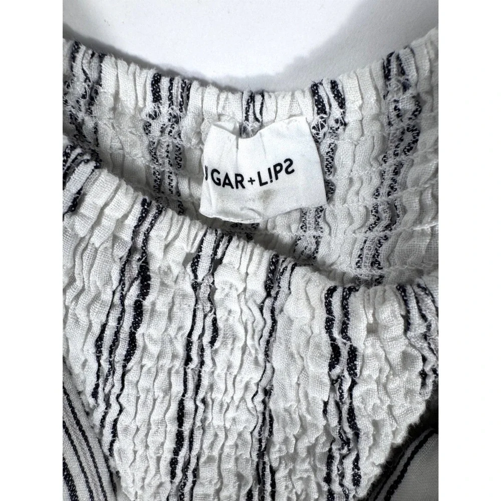 Sugar Lips Striped Linen Smocked Cottagecore Ruffle Mini Dress Approx. Med‎